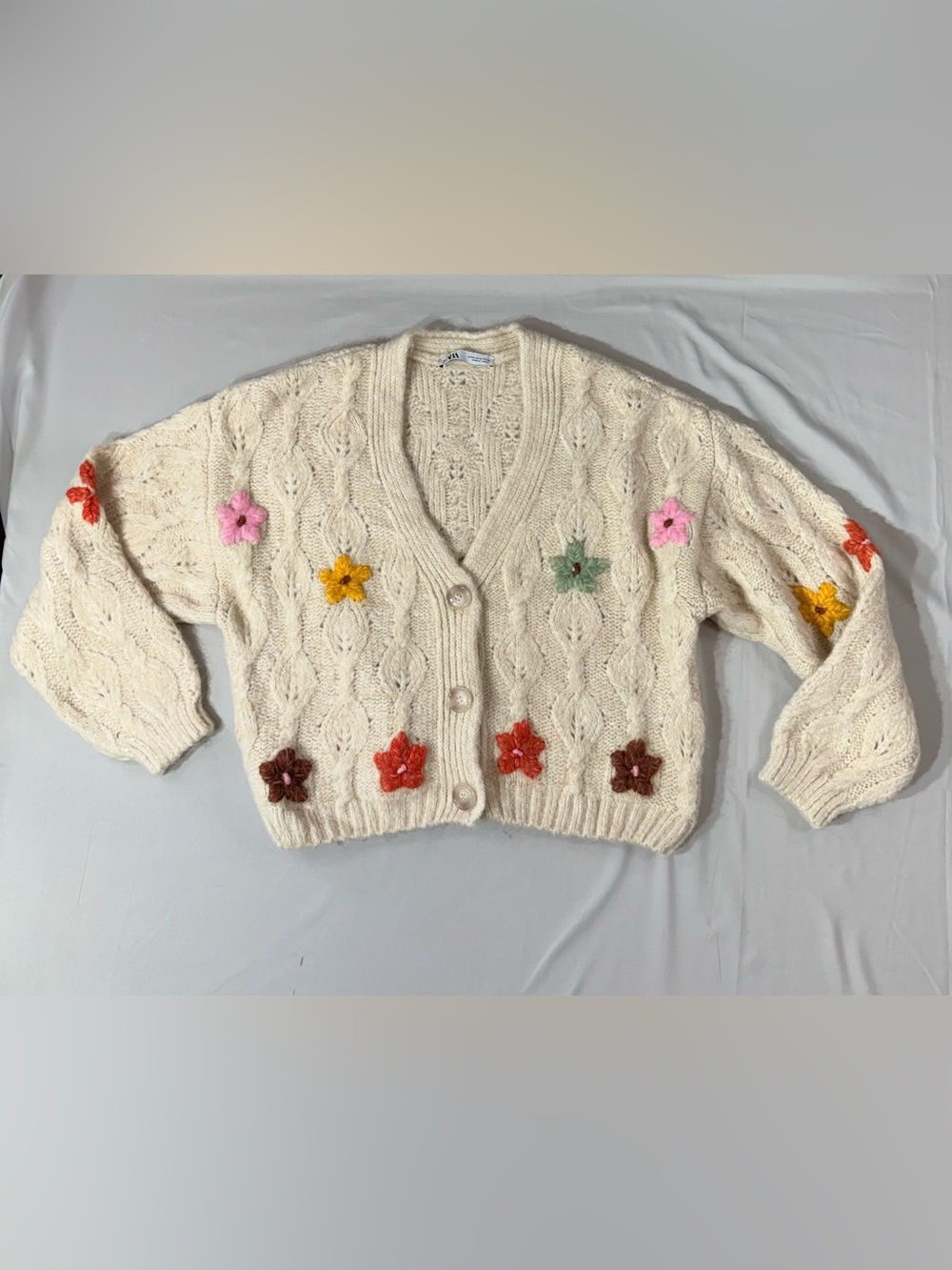 Zara Cream Floral Appliqué Cable-Knit Button Cardigan medium fairy boho